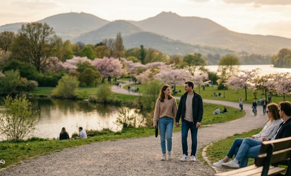 Hochzeitsfotograf Bonn — Rheinaue mit Siebengebirge im Hintergrund