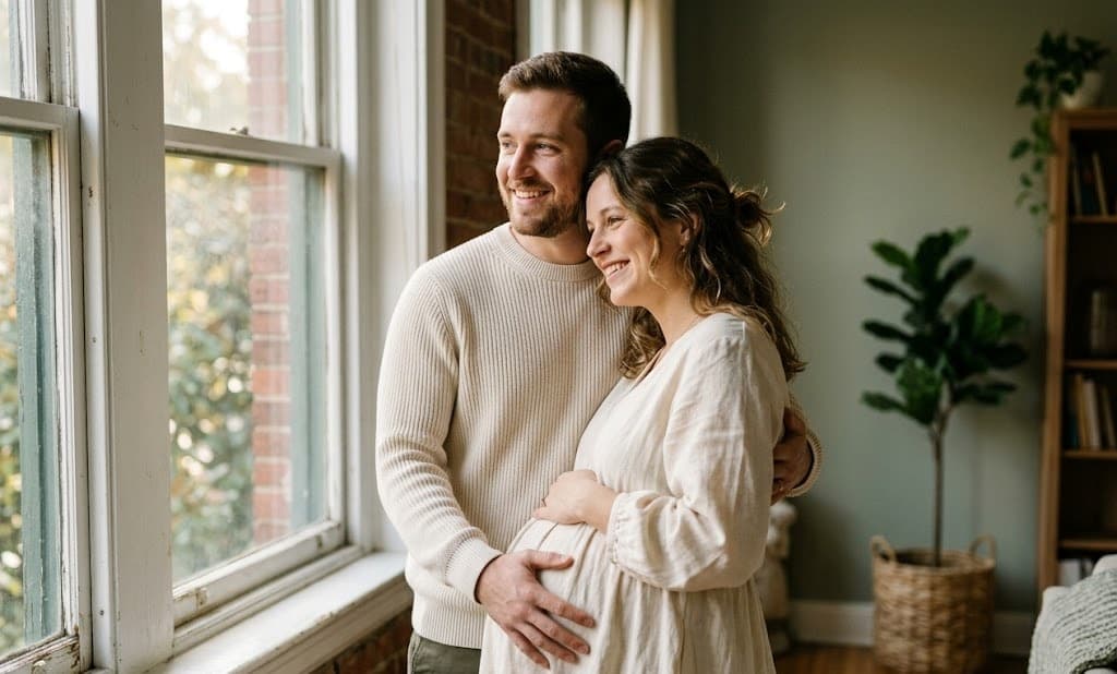 Werdende Eltern — Partner hält Babybauch von hinten