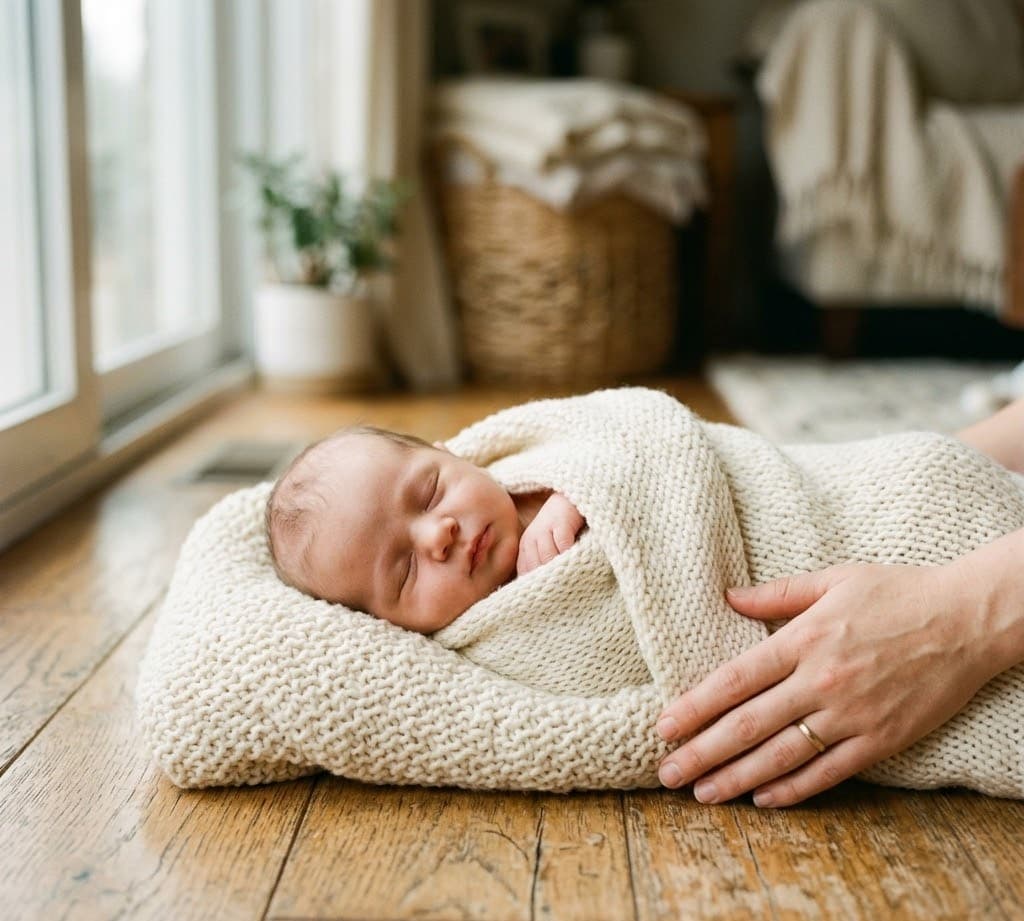Neugeborenes schlafend auf Strickdecke — Babyfotograf Köln