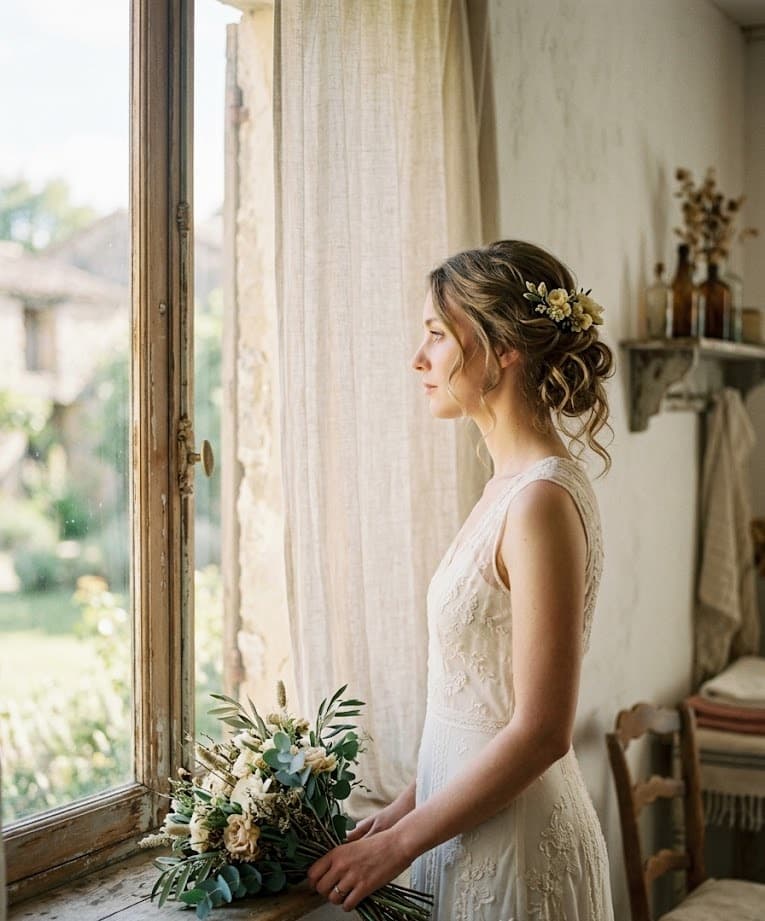 Braut im Profil blickt aus einem sonnenlichtdurchfluteten Fenster