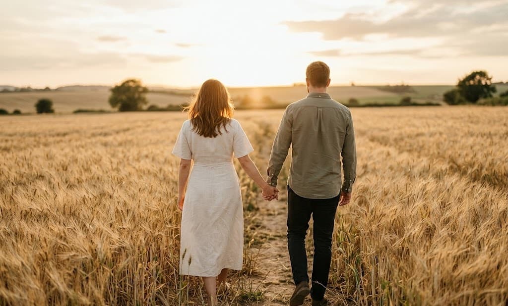 Paar läuft Hand in Hand durch ein Weizenfeld zur goldenen Stunde