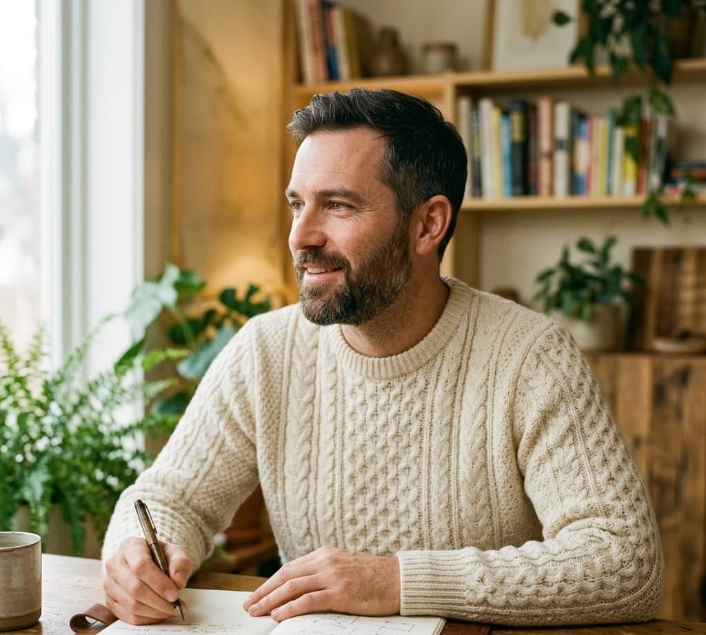 Mann im cremefarbenen Strickpullover im warmen Studiolicht