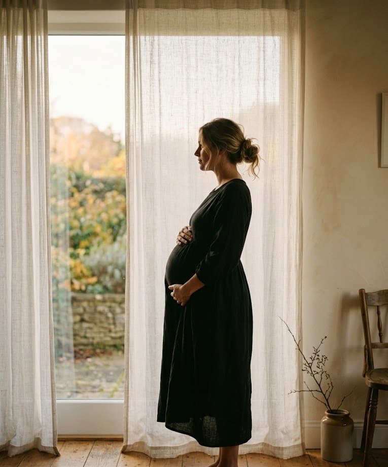 Silhouette einer schwangeren Frau vor einem sanft beleuchteten Fenster