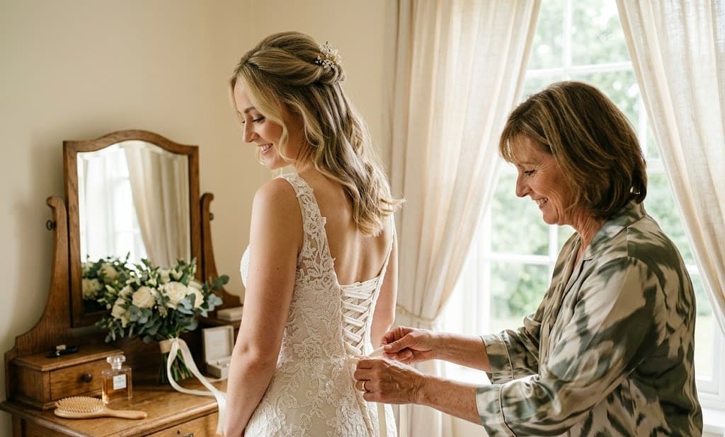 Getting Ready — Brautkleid wird gebunden