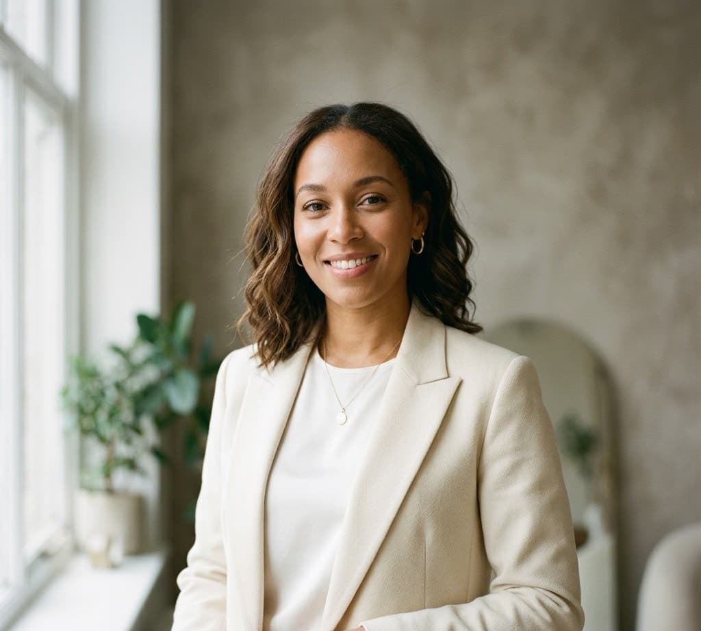 Professionelle Frau im cremefarbenen Blazer in editorialem Portraitlicht