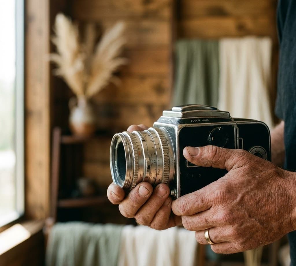 Detailaufnahme: Hände halten Hasselblad-Kamera im warmen Studiolicht