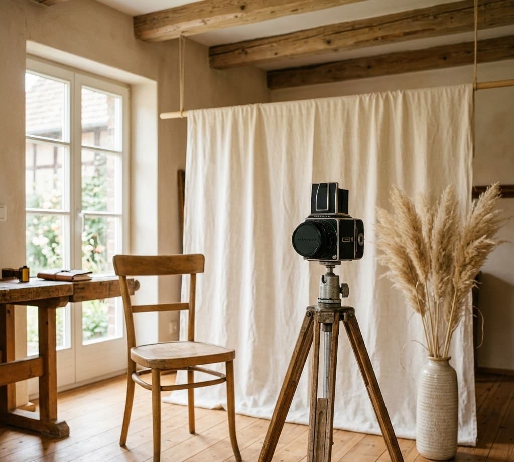 Warmes Fotostudio-Interieur mit Holzboden, Leinwand-Hintergrund und Hasselblad-Kamera